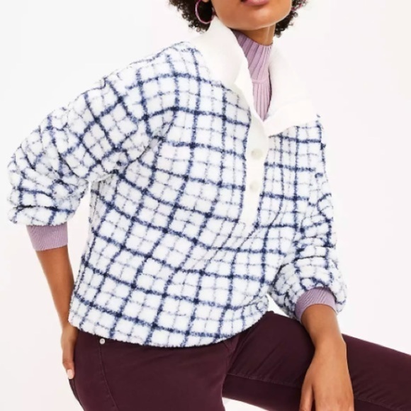 NWT Loft Petite Blue/White Plaid Rib Trim Sherpa Pullover Sweater Top - Picture 1 of 9